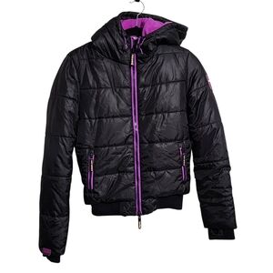 Super Dry Sport Japan Womens Puffer Jacket Sz S Black Purple Hooded